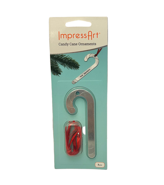 Candy cane ornament set with packaging featuring 'Impress Art' brand on a white background.