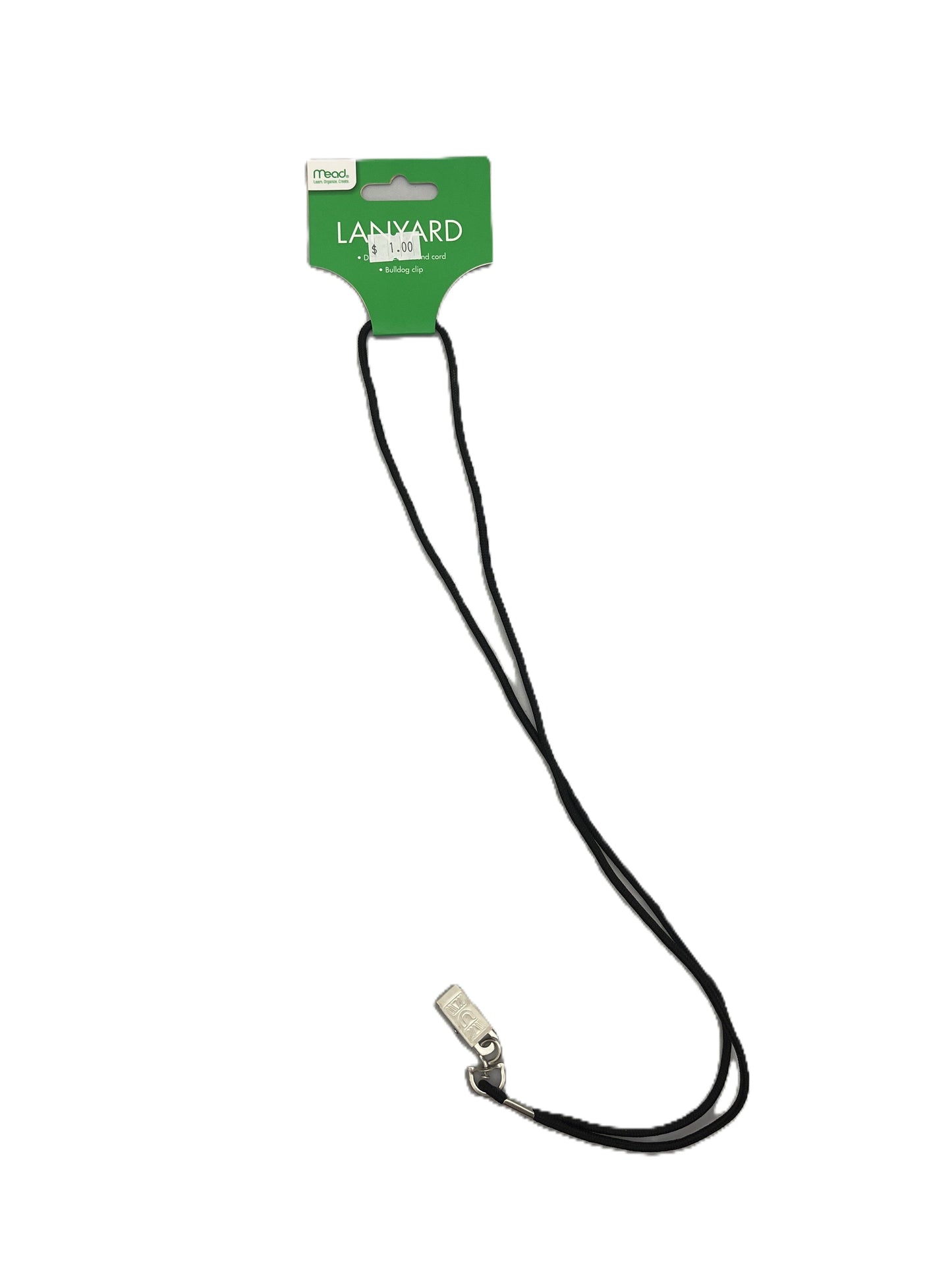 Black lanyard with a green tag on a white background