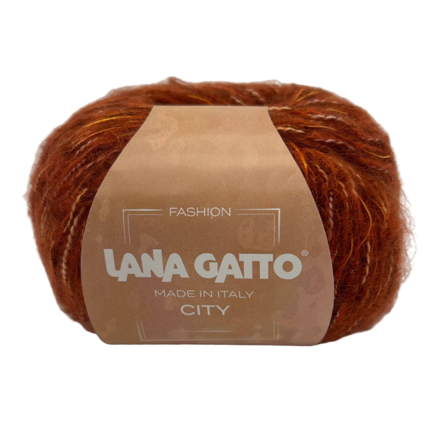 Ball of brown yarn with a 'Lana Gatto' label on a white background
