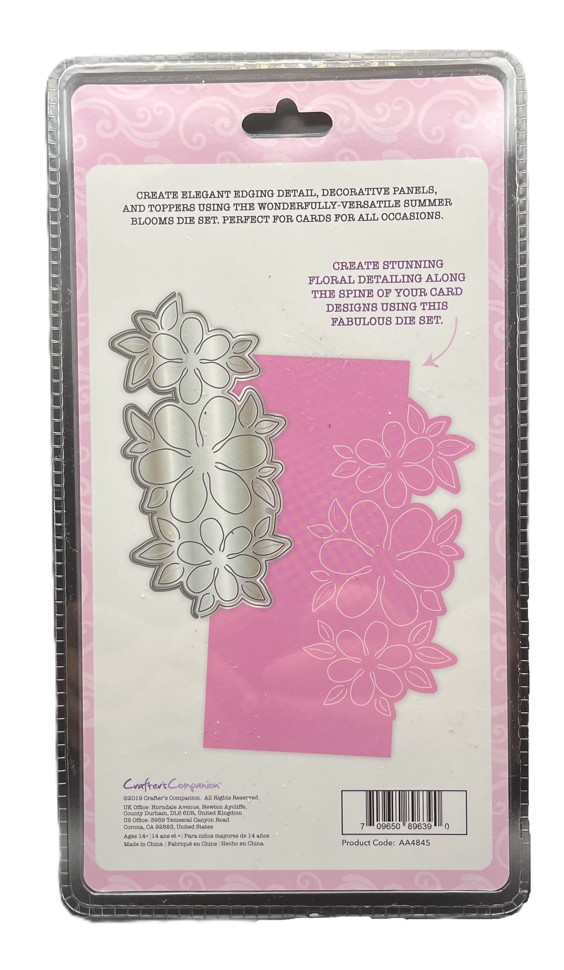 Floral metal die set packaging on a pink background