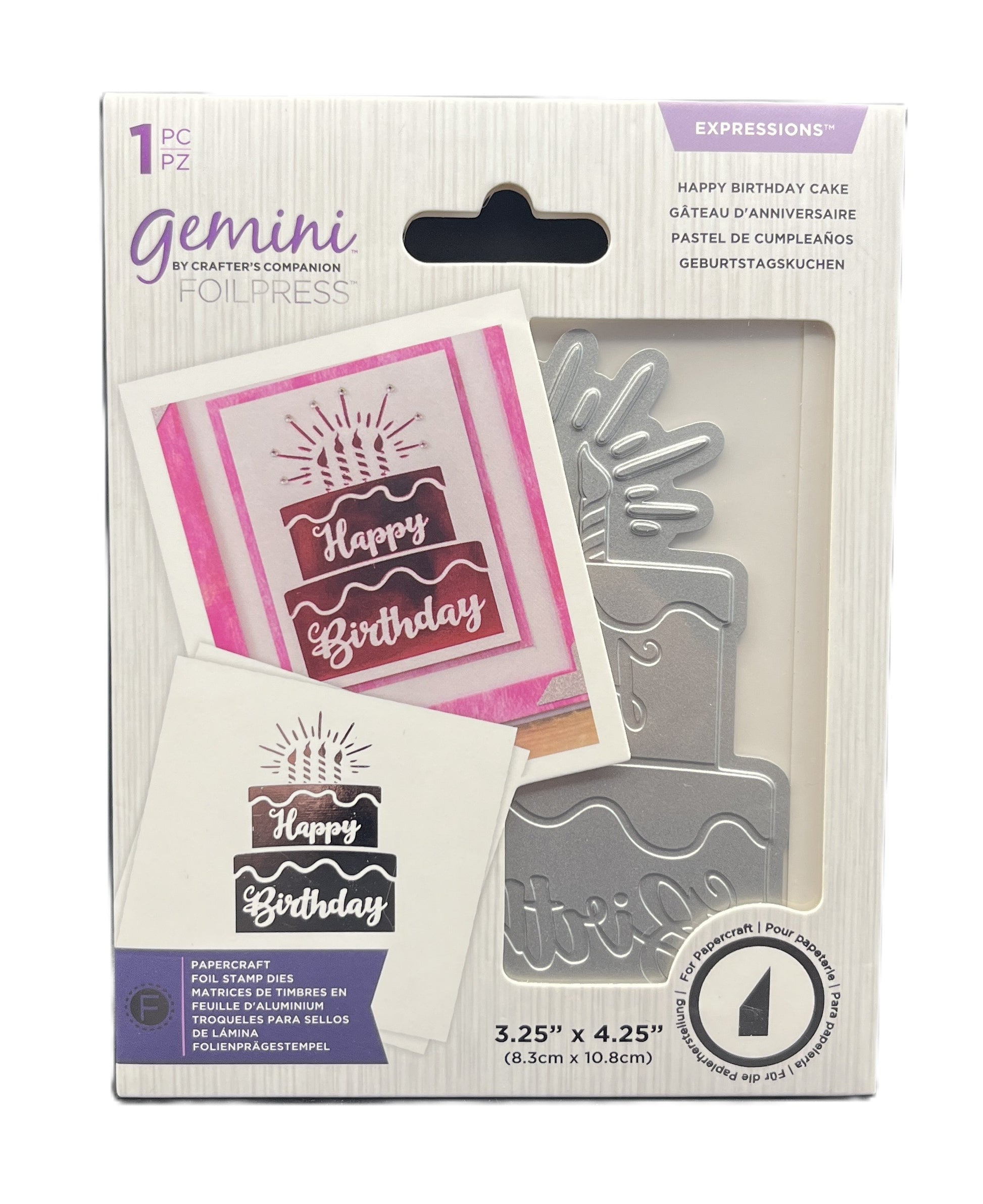 Packaging of Gemini foil press with 'Happy Birthday' design on a white background
