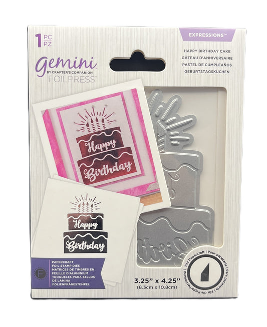 Packaging of Gemini foil press with 'Happy Birthday' design on a white background