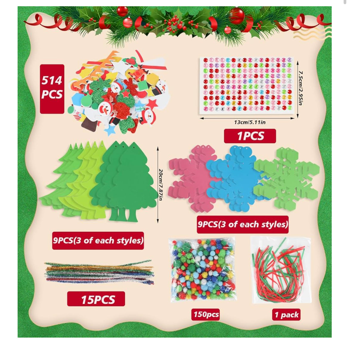 Christmas-themed craft set with various items on a green background