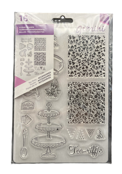 Packaging of clear stamps with various designs on a white background