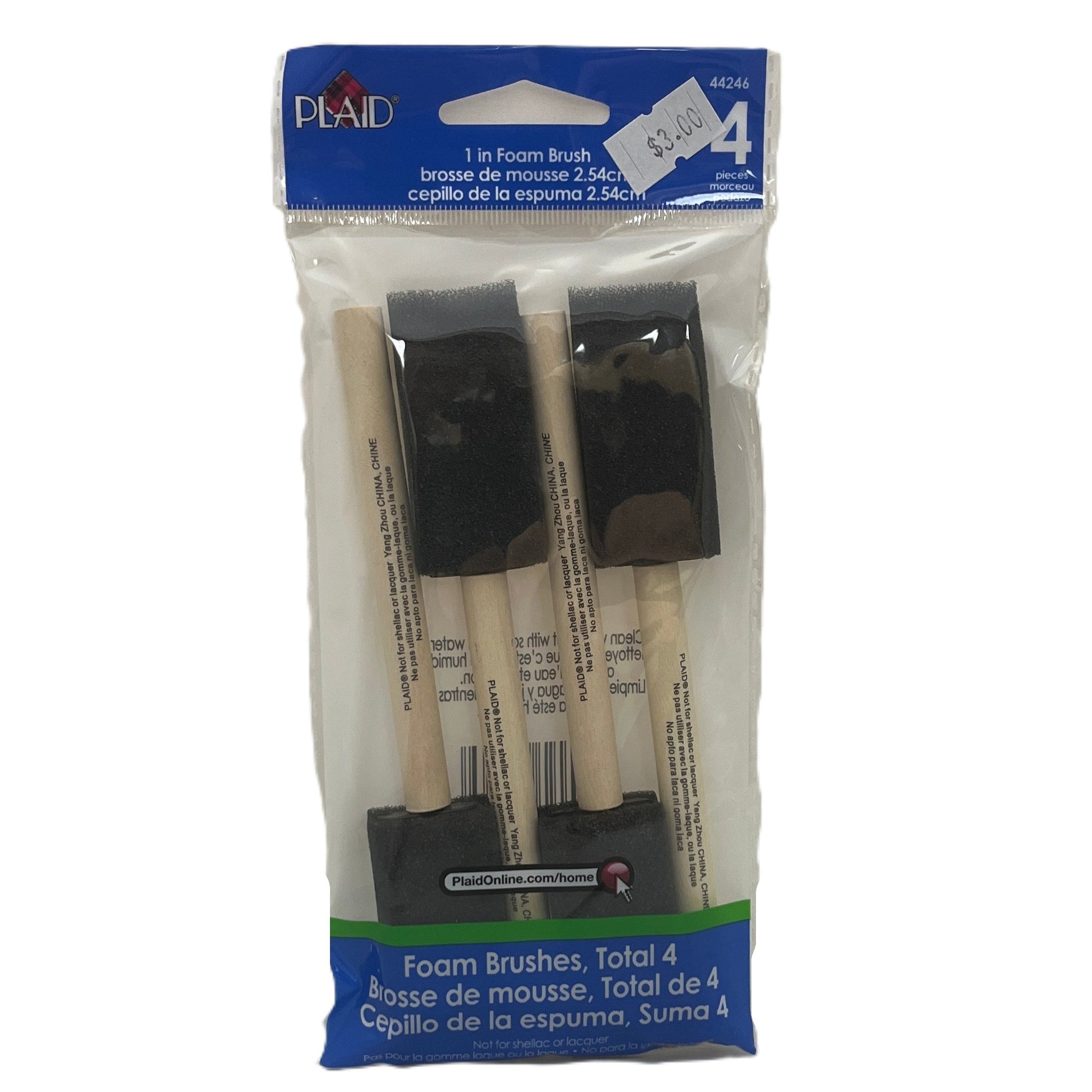 Packaged set of foam brushes with Plaid branding on a white background