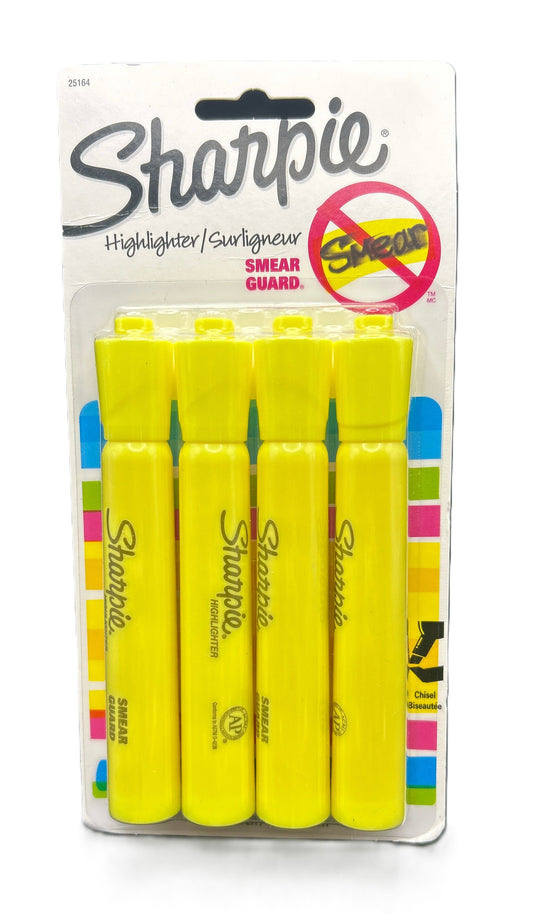 Pack of Sharpie yellow highlighters with a 'No Smear' guard label on a white background