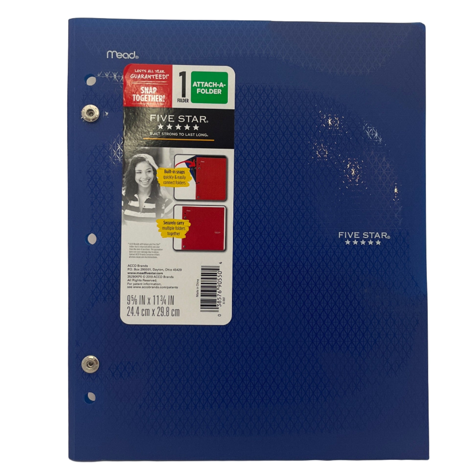 Blue notebook with a label on a white background