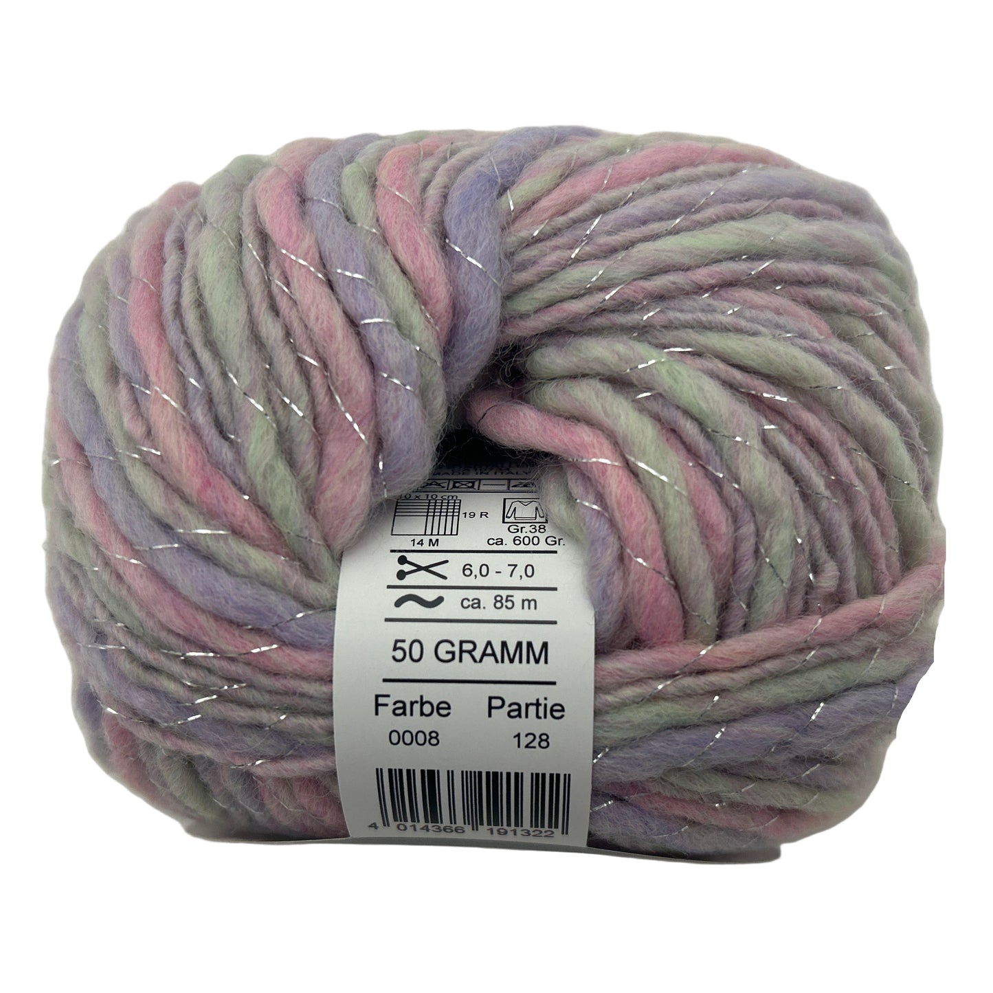 Multicolored skein of yarn with a label on a white background