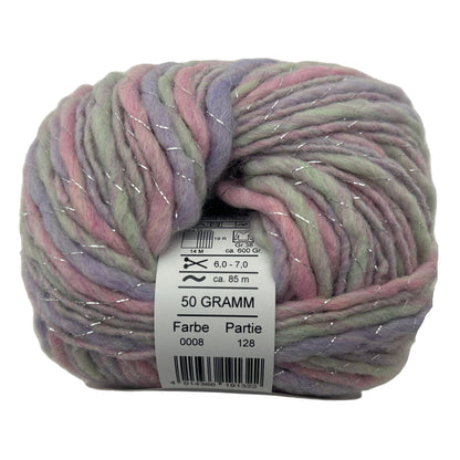 Multicolored skein of yarn with a label on a white background