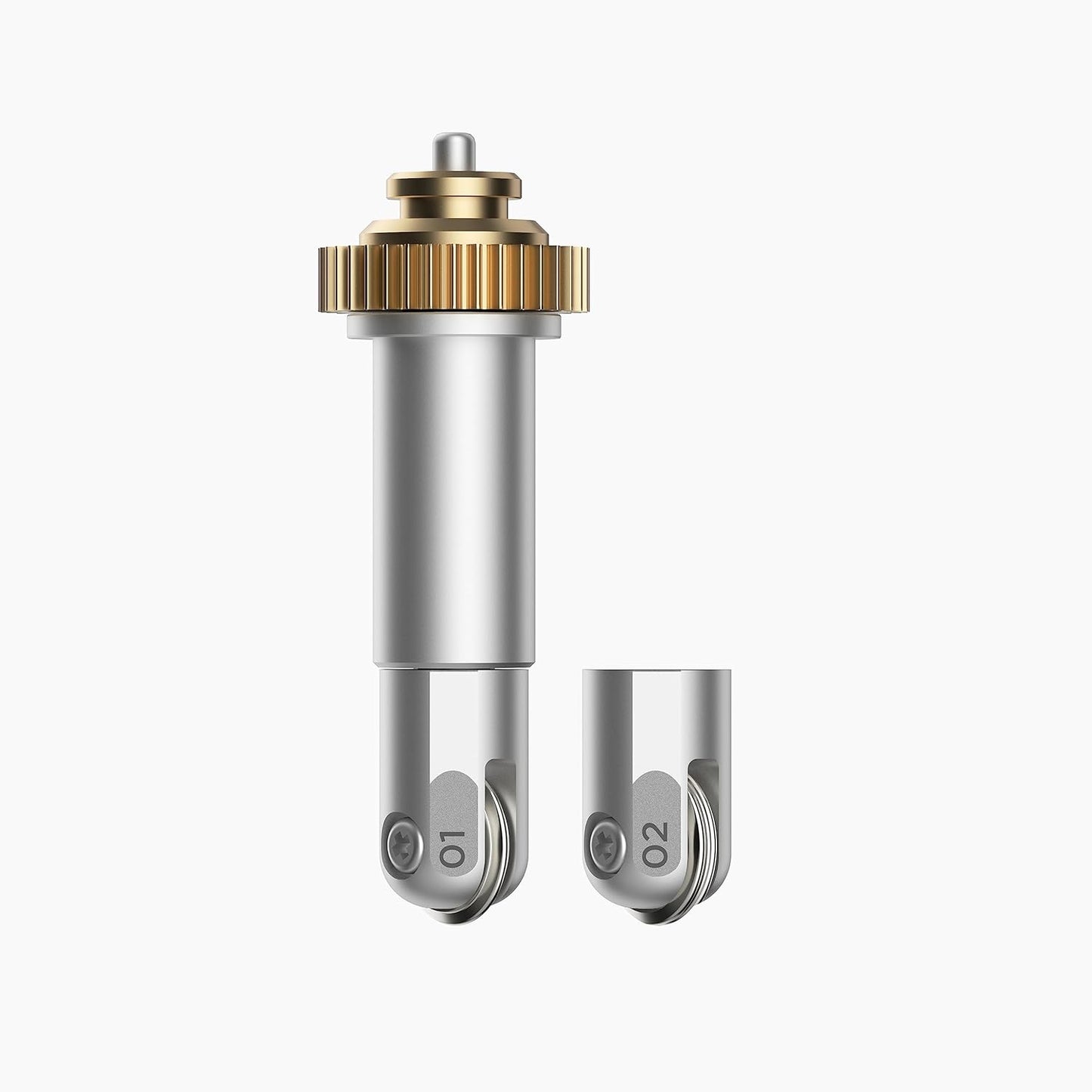 Metal valve stem with gold top and silver body on a white background