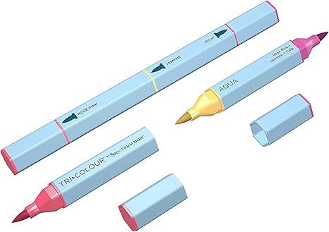 Set of three markers with blue and pink bodies on a white background
