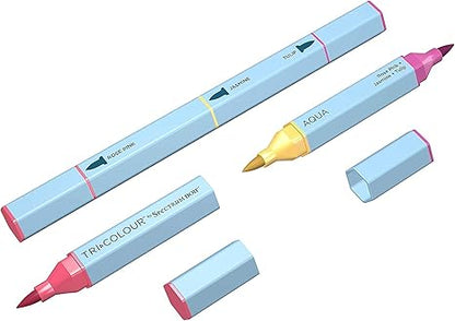 Set of three markers with blue and pink bodies on a white background
