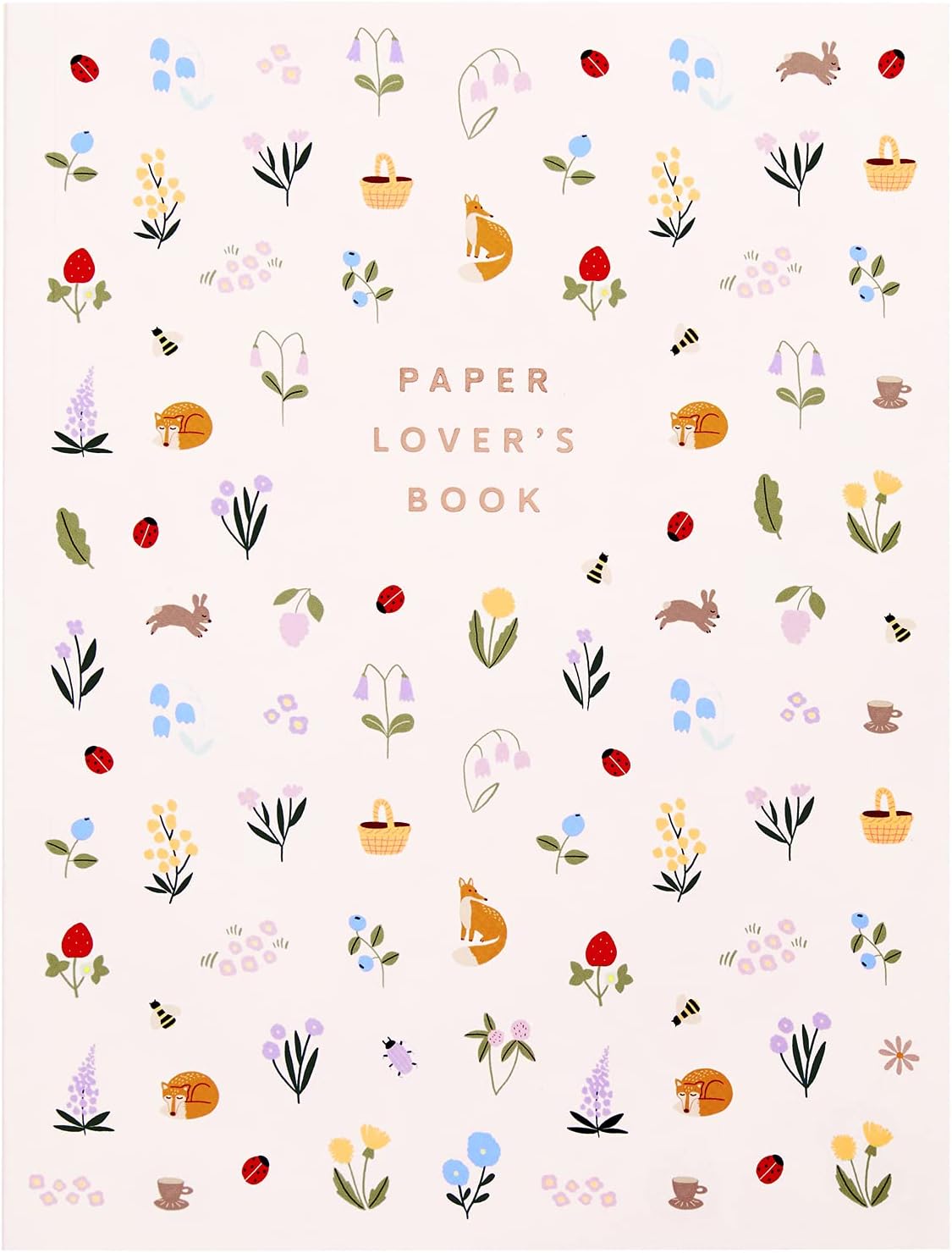 Patterned book cover with illustrations of flowers, animals, and baskets on a light background.
