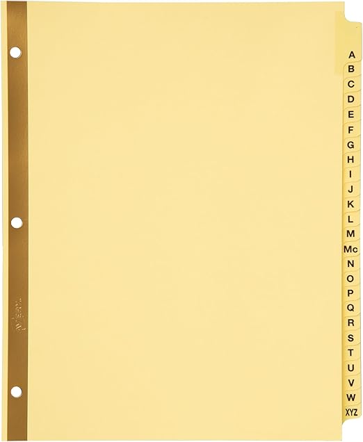 Yellow index card with lettered tabs on a white background