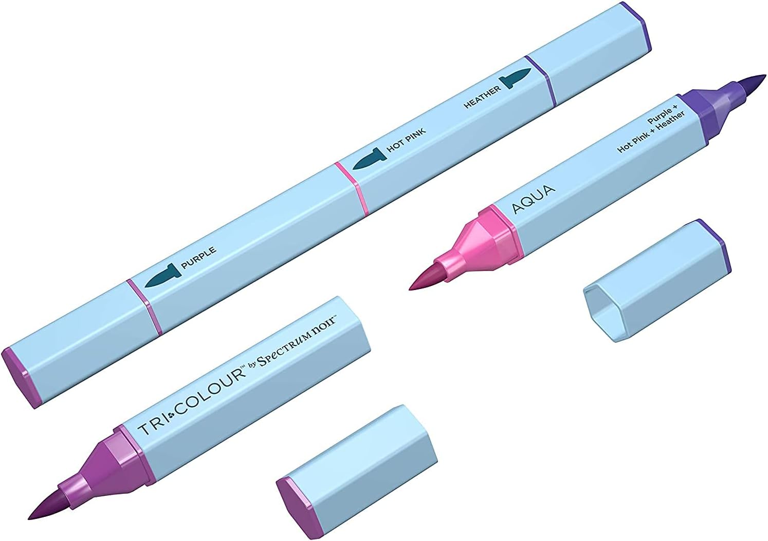Set of Tri-Colour markers with color names on a white background