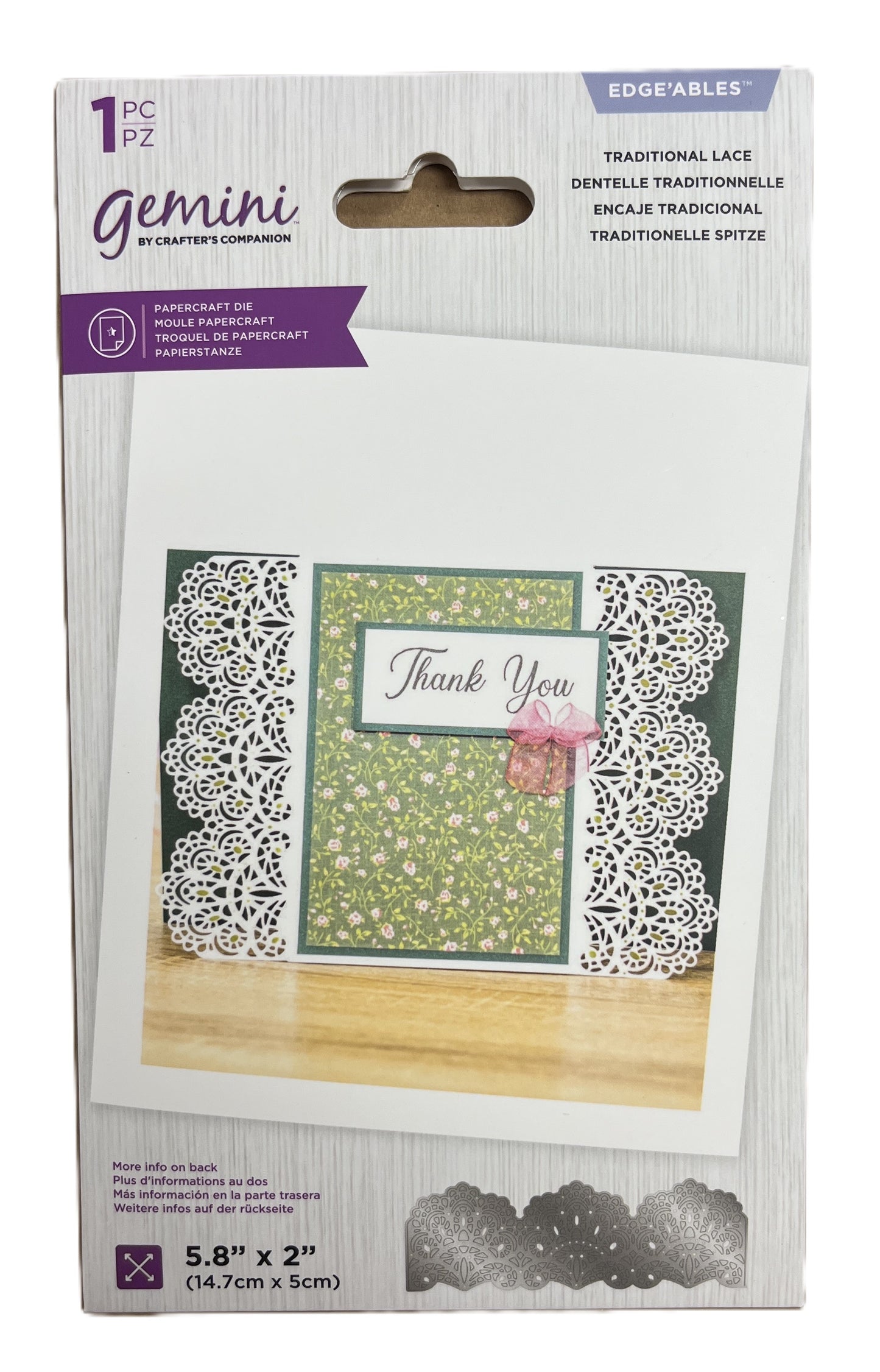 Packaging of Gemini by Crafter's Companion die-cutting mold with lace design on a card.