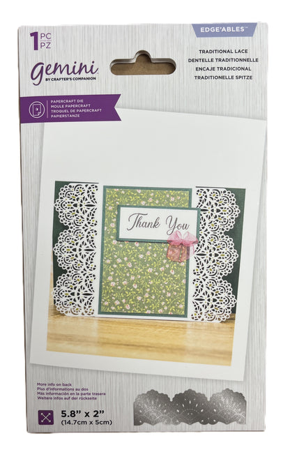 Packaging of Gemini by Crafter's Companion die-cutting mold with lace design on a card.