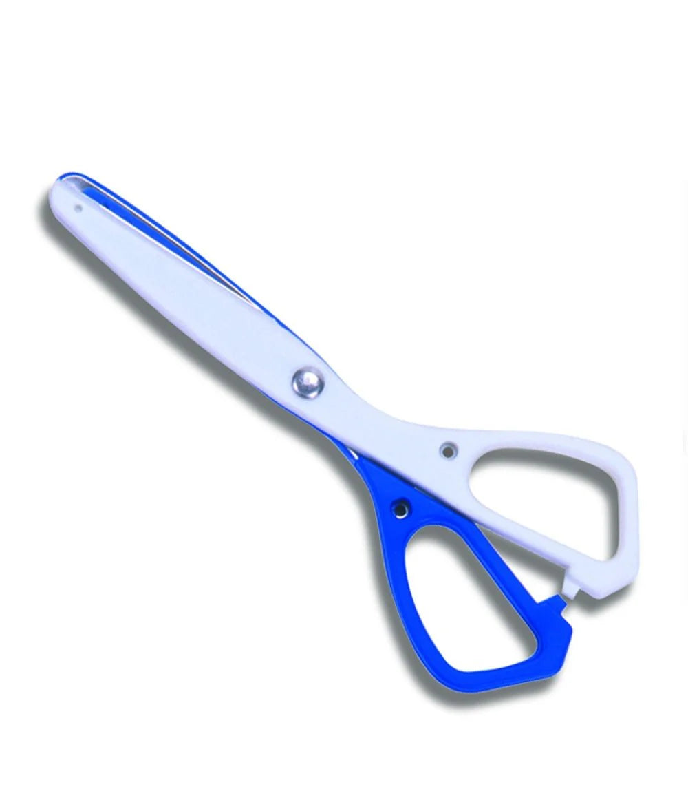 Blue and white scissors on a white background