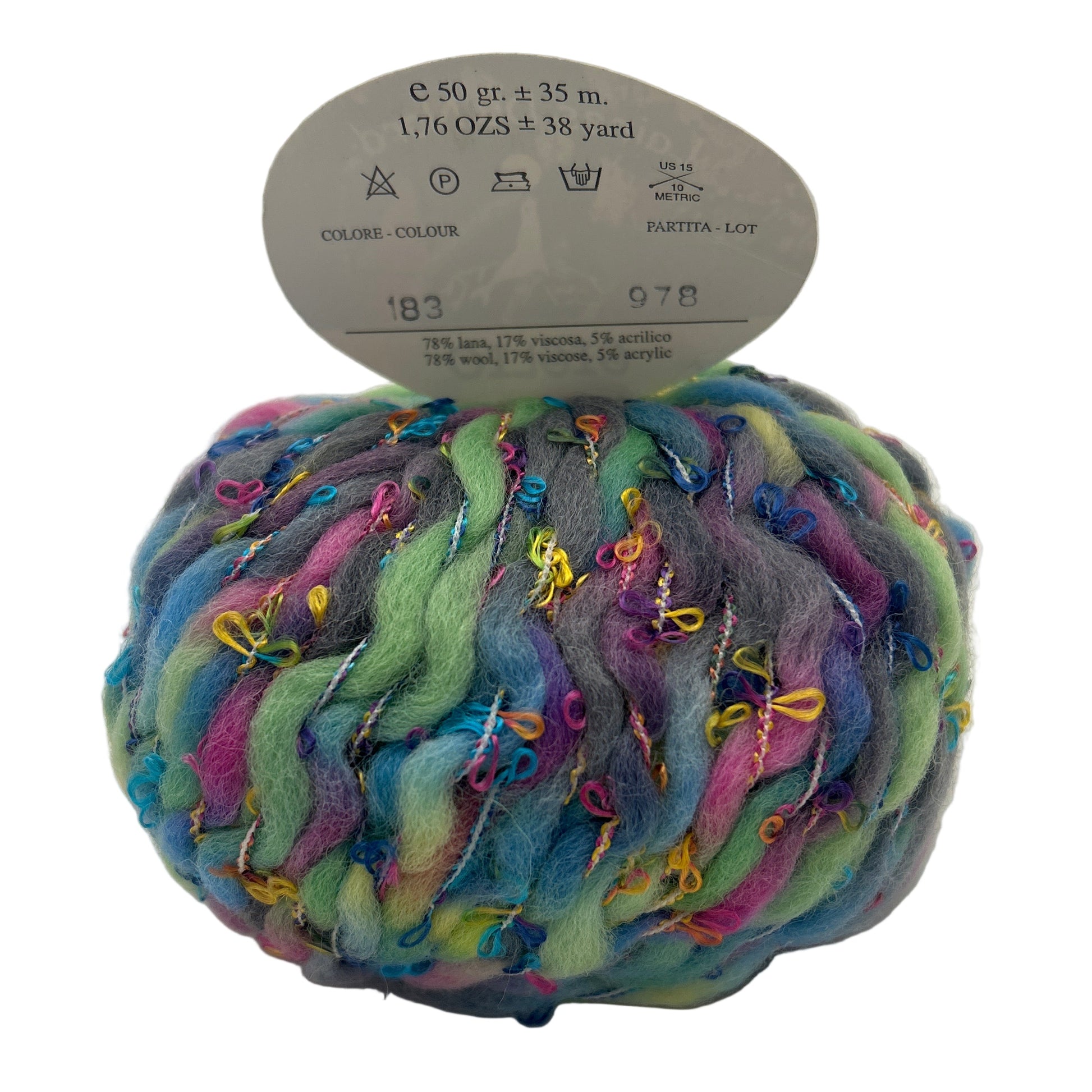 Multicolored skein of yarn with label on a white background
