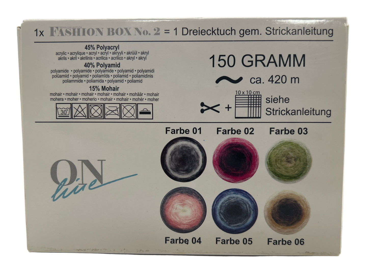 Box of yarn with color swatches and text on a white background