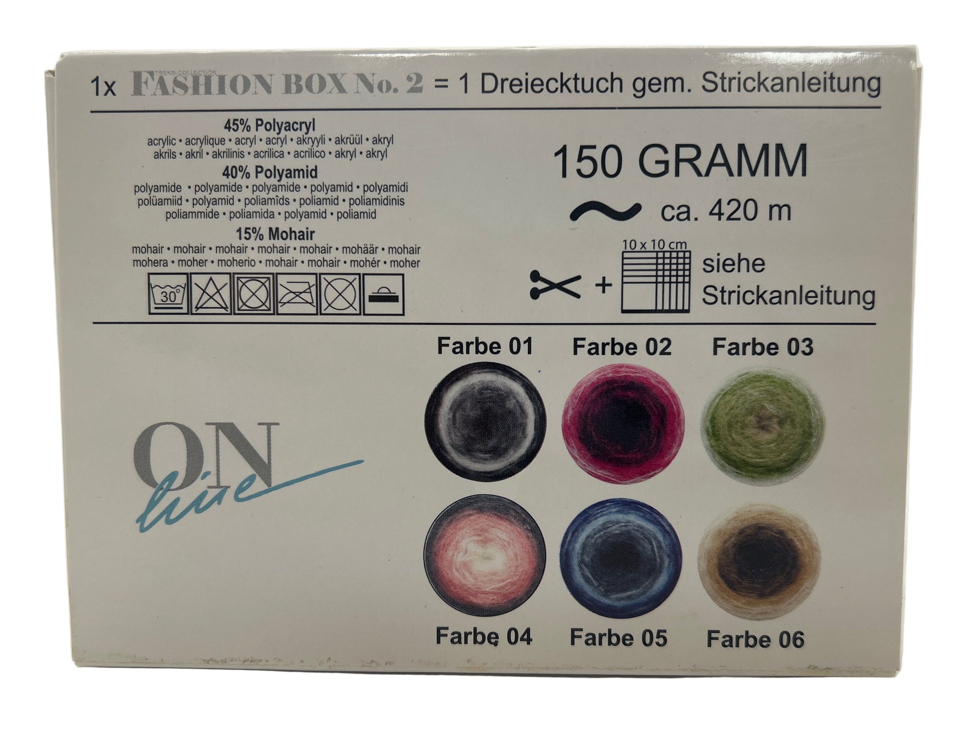Box of yarn with color swatches and text on a white background
