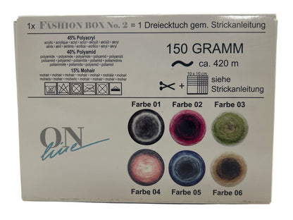 Box of yarn with color swatches and text on a white background