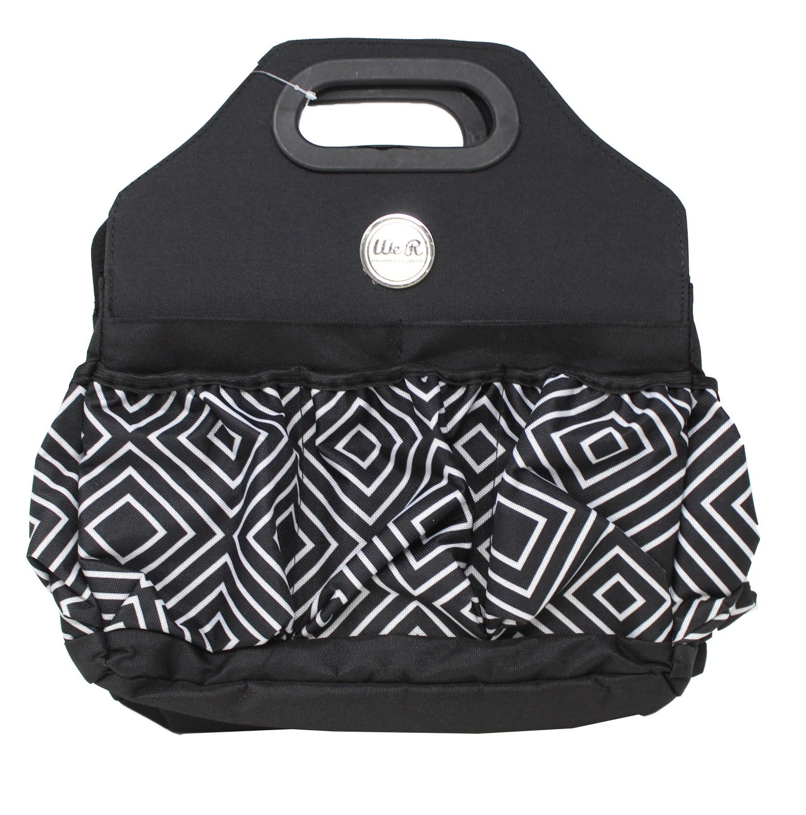 Black and white patterned bag with a visible brand logo on a white background