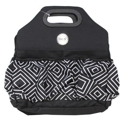 Black and white patterned bag with a visible brand logo on a white background