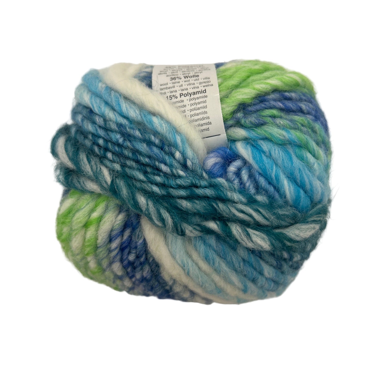 Multicolored yarn ball with a label on a white background
