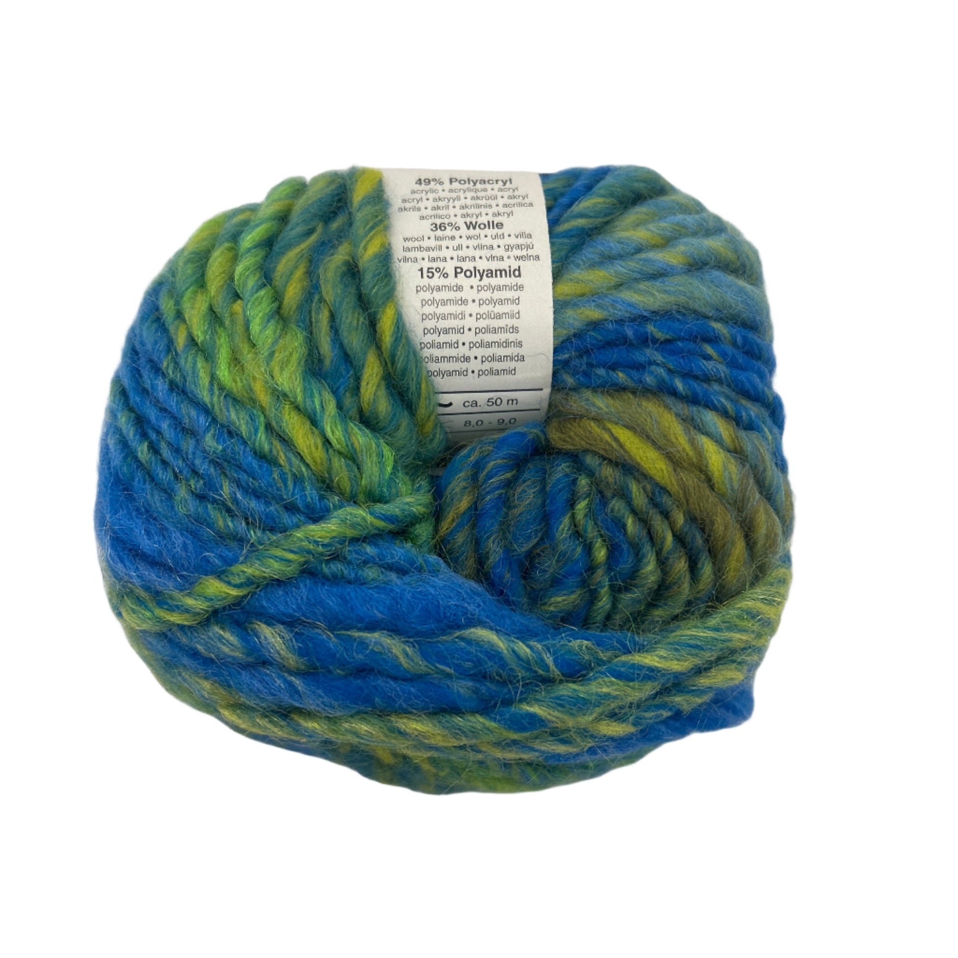 Blue and green skein of yarn on a white background