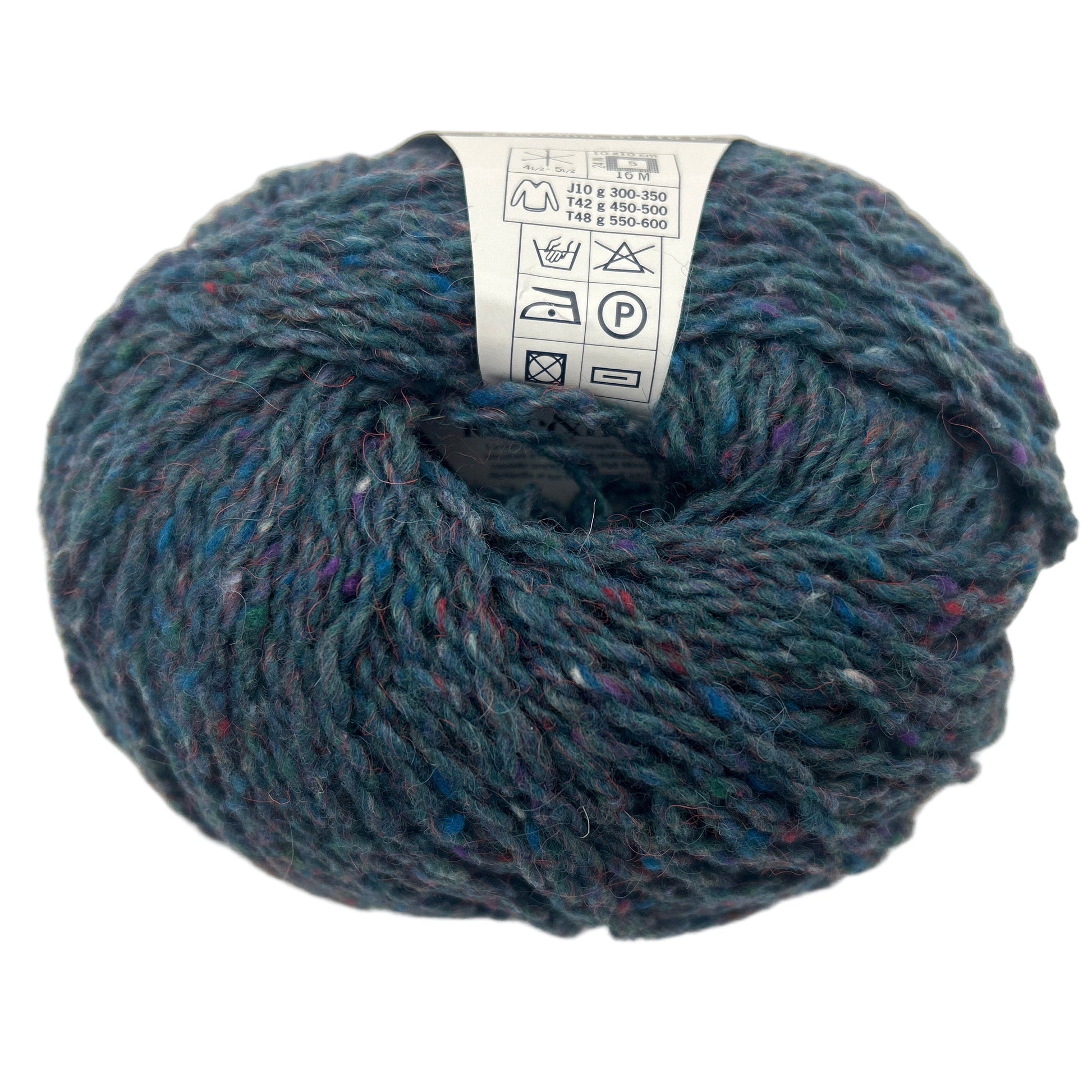 Blue skein of yarn with a label on a white background