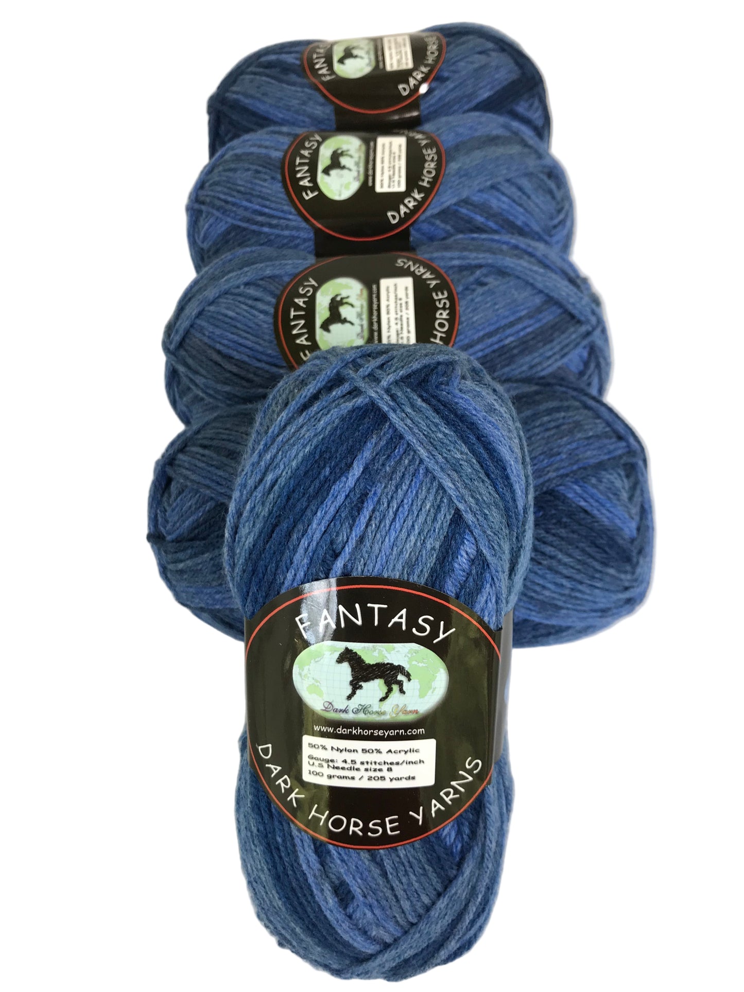 Four blue skeins of yarn with labels on a white background