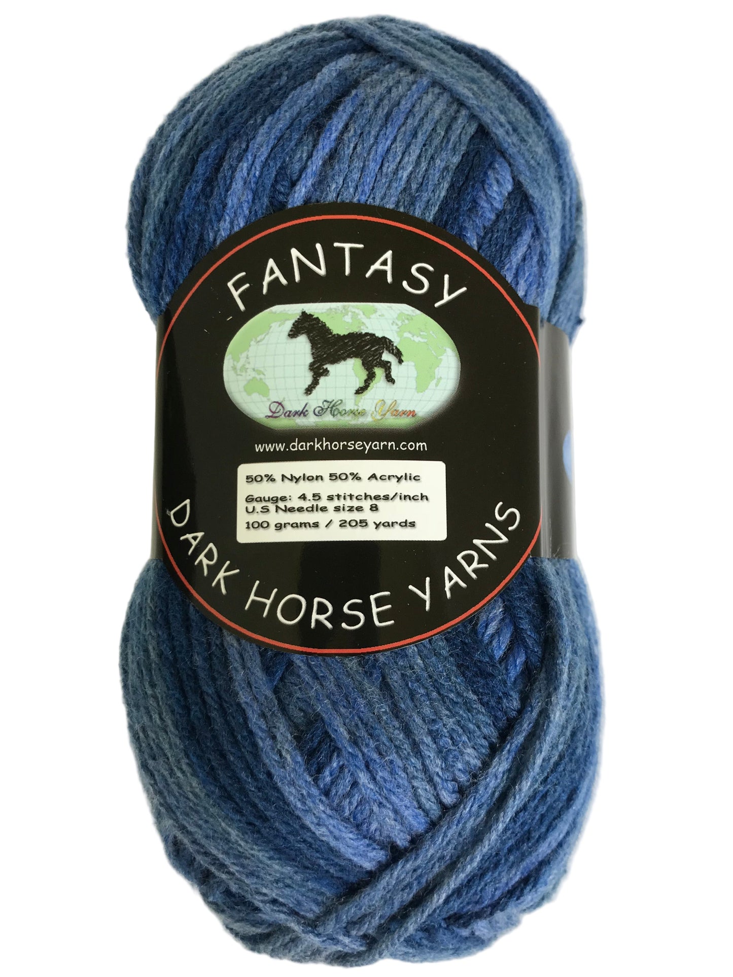 Blue skein of yarn with a 'Dark Horse Yarns' label on a white background