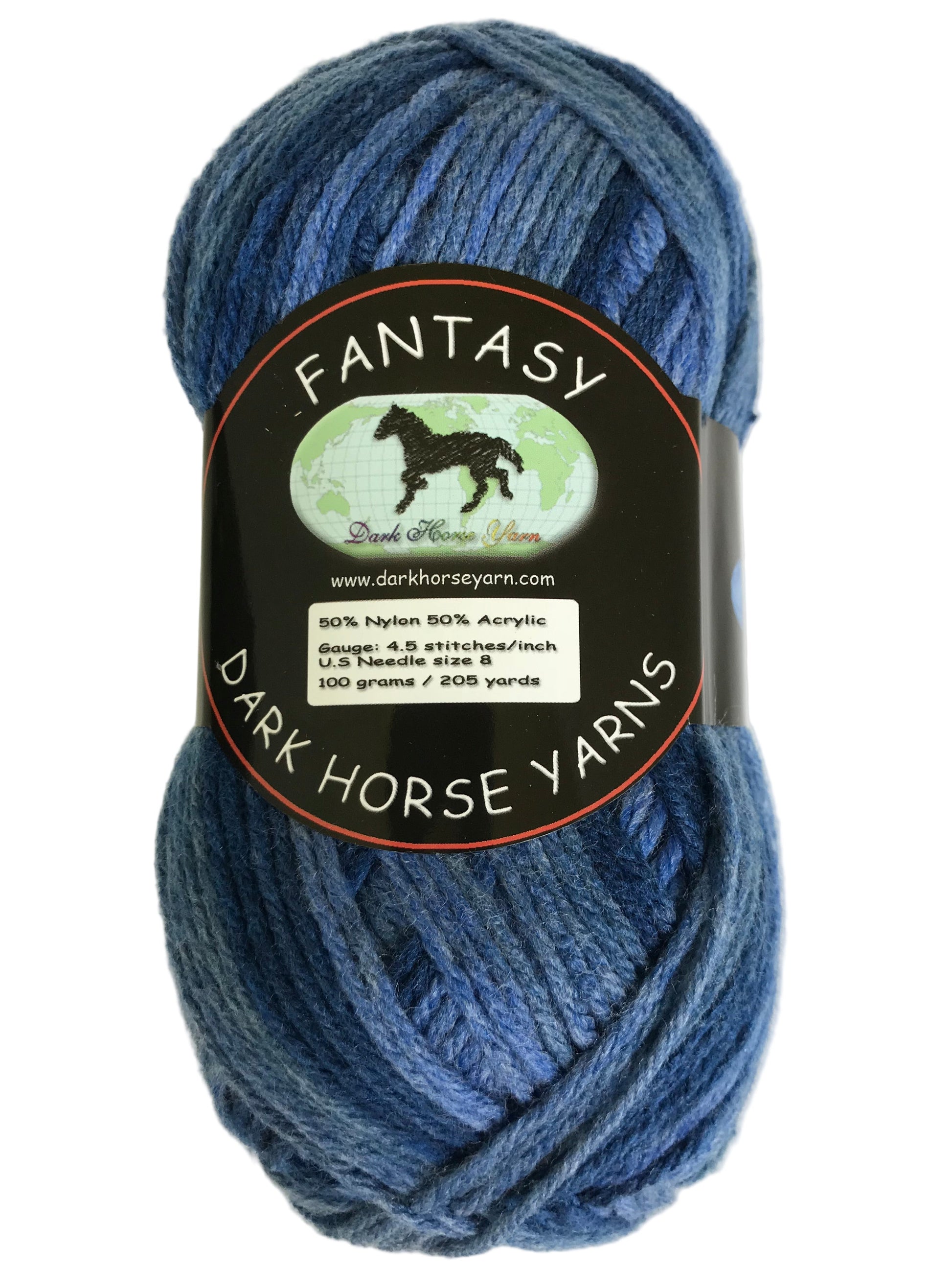 Blue skein of yarn with a 'Dark Horse Yarns' label on a white background