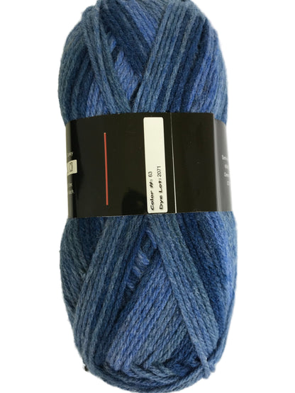 Blue skein of yarn with a label on a white background