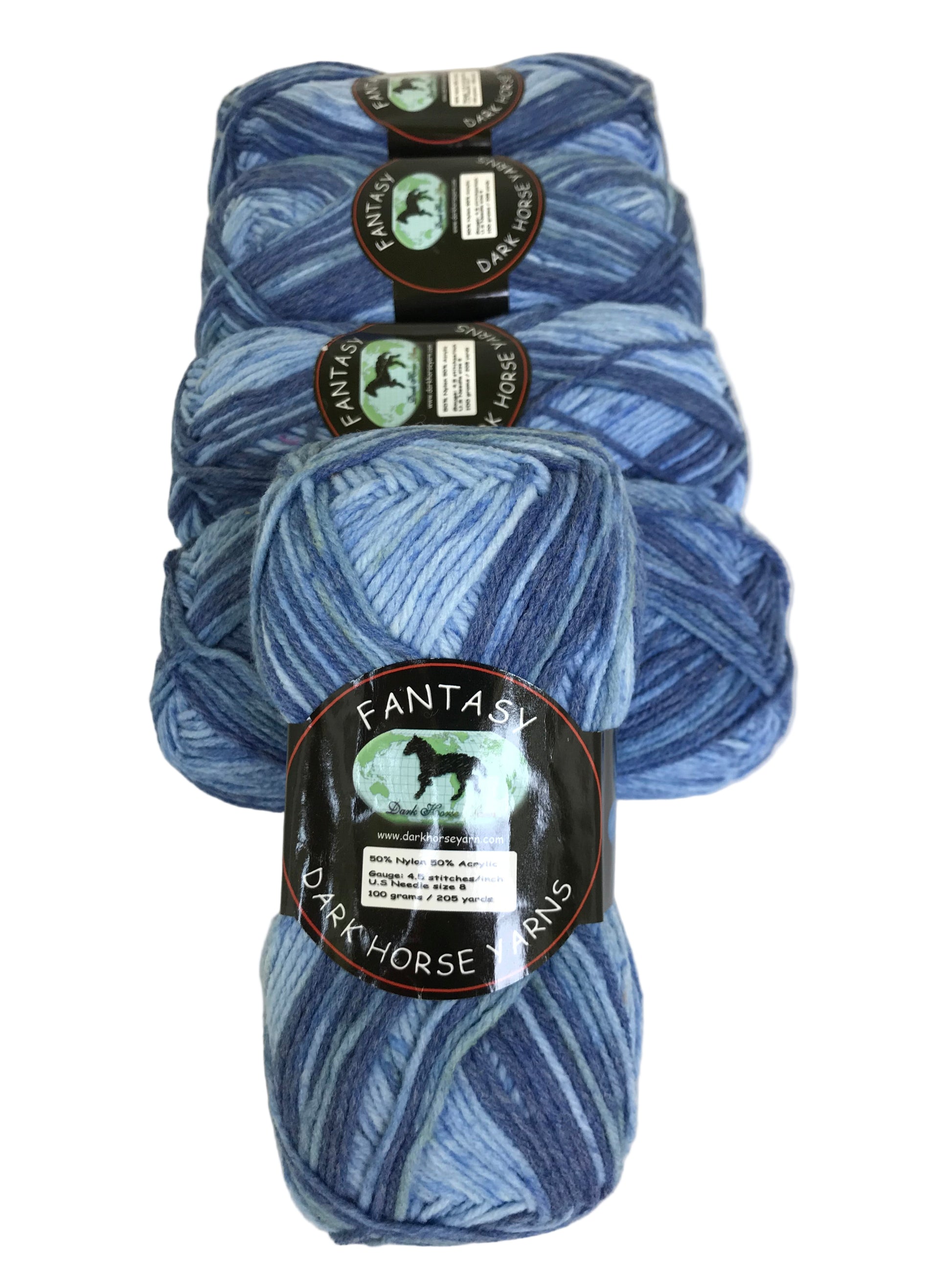 Three skeins of blue yarn with labels on a white background
