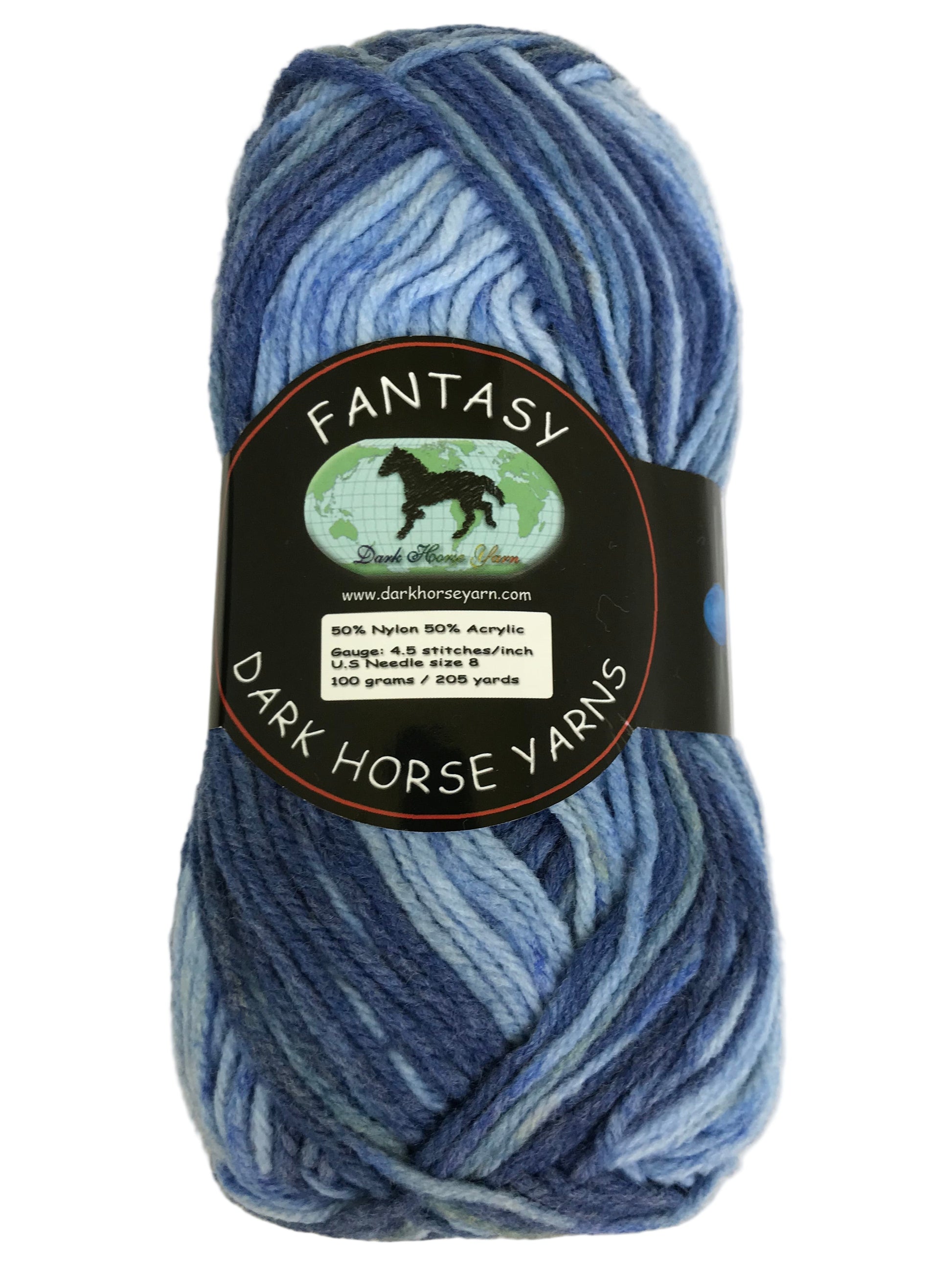 Blue skein of yarn with a Dark Horse Yarns label on a white background