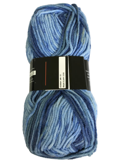 Blue skein of yarn with a label on a white background