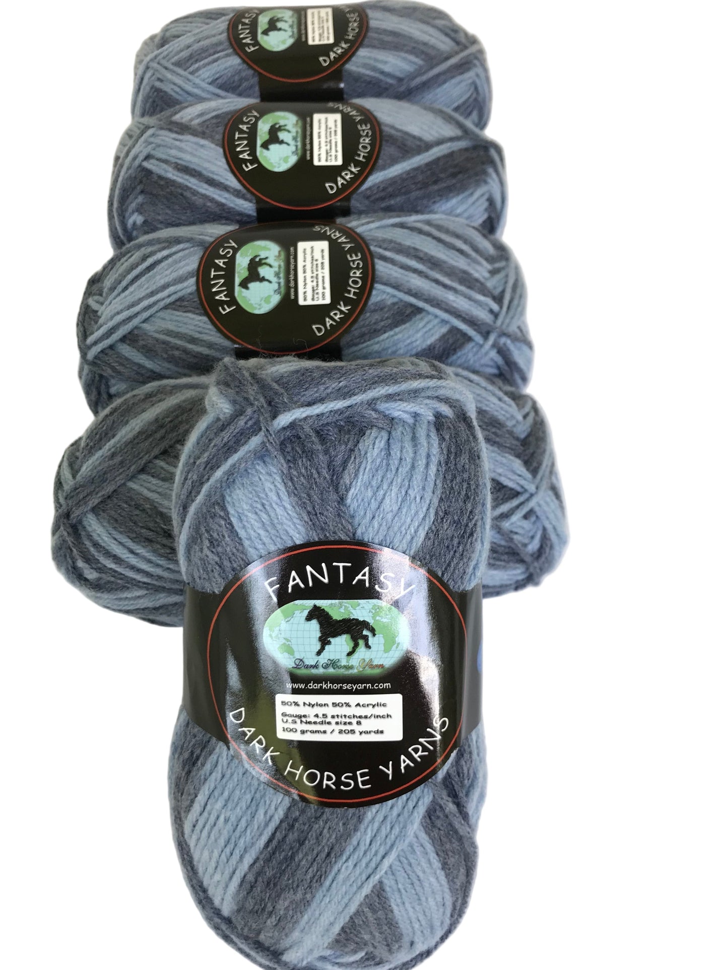 Four skeins of dark gray yarn with labels on a white background