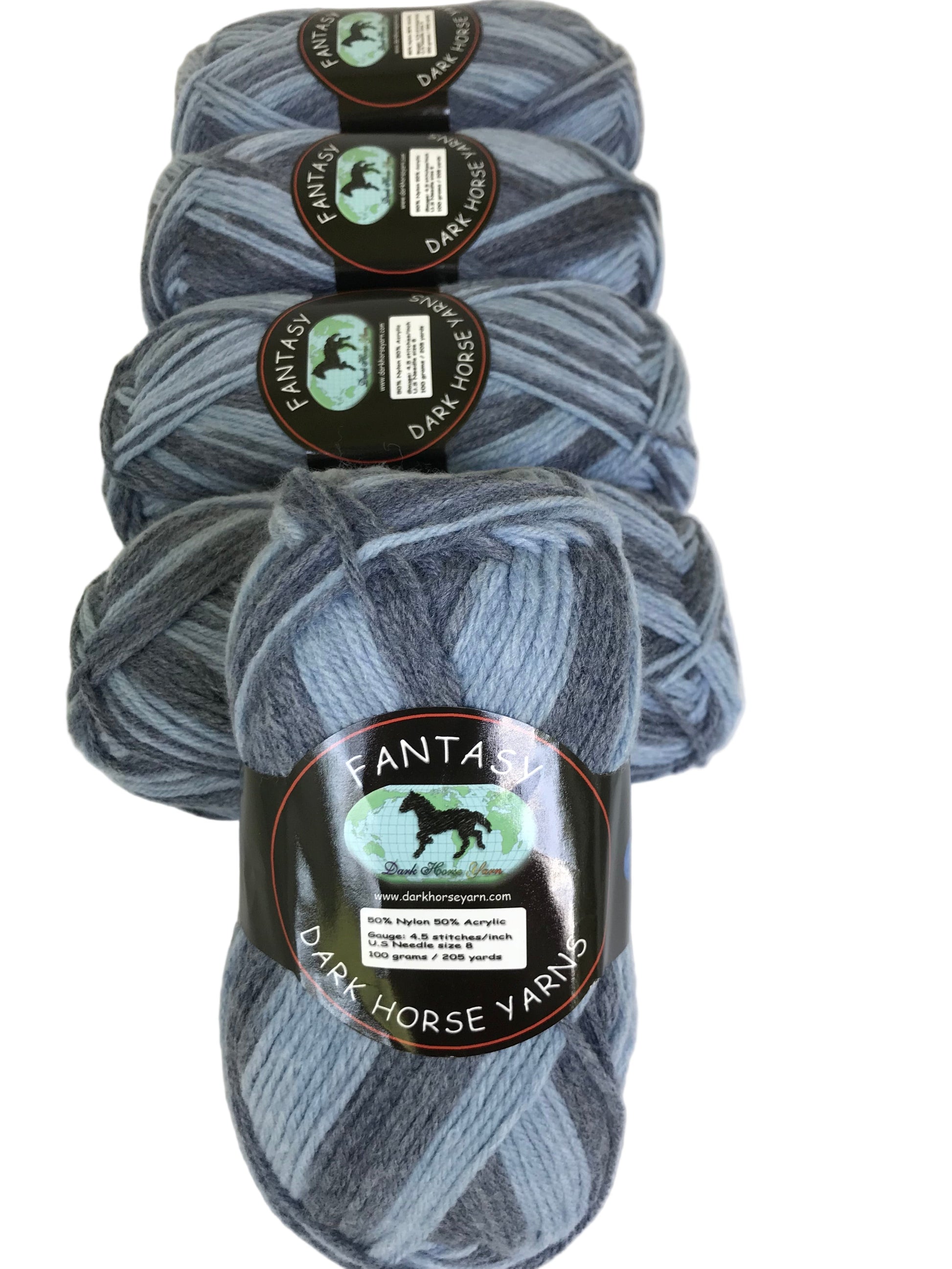 Four skeins of dark gray yarn with labels on a white background
