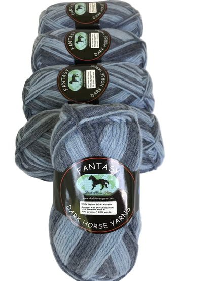 Four skeins of dark gray yarn with labels on a white background