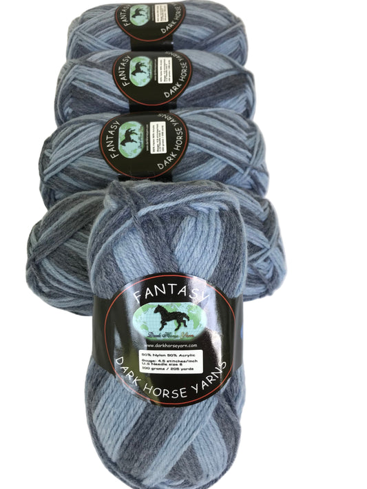 Four skeins of dark gray yarn with labels on a white background
