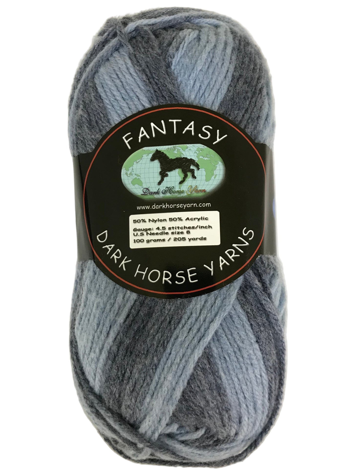 Ball of yarn with 'Fantasy' label by Dark Horse Yarns on a white background