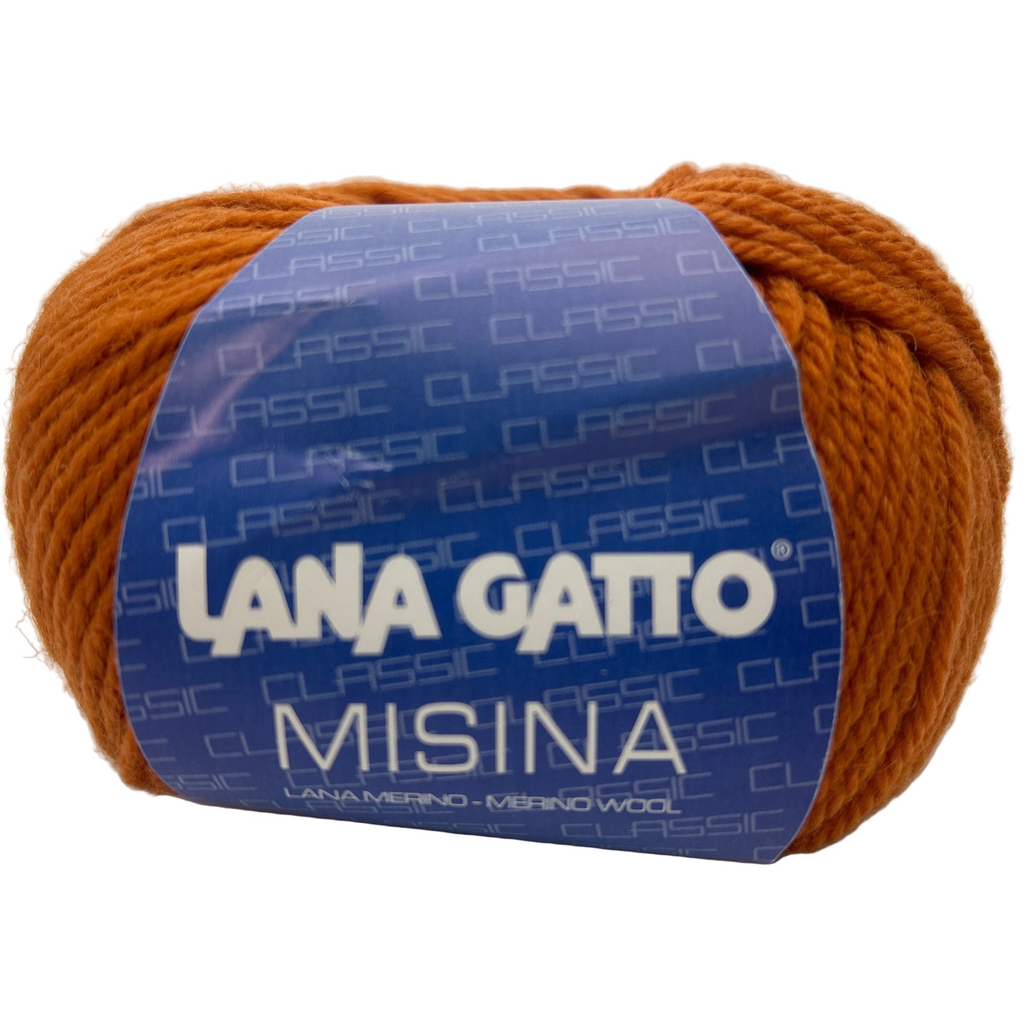 Ball of orange yarn with a blue Lana Gatto label on a white background