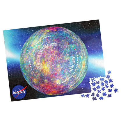 Colorful NASA-themed puzzle with a planet illustration on a white background