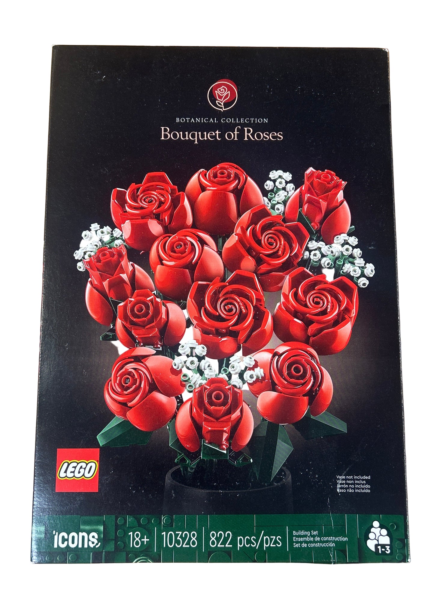 LEGO Icons Bouquet of Roses set packaging on a wooden surface
