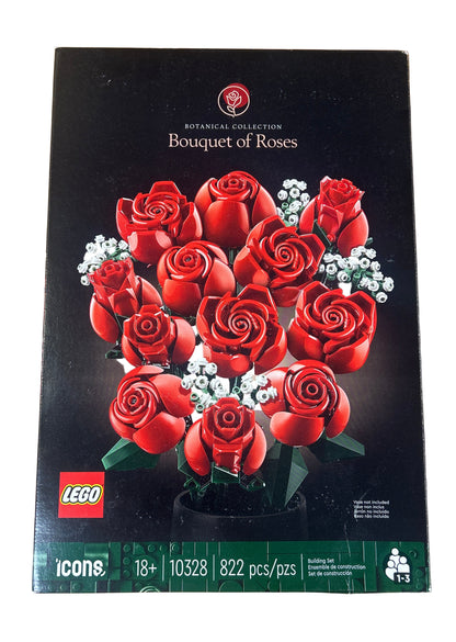 LEGO Icons Bouquet of Roses set packaging on a wooden surface