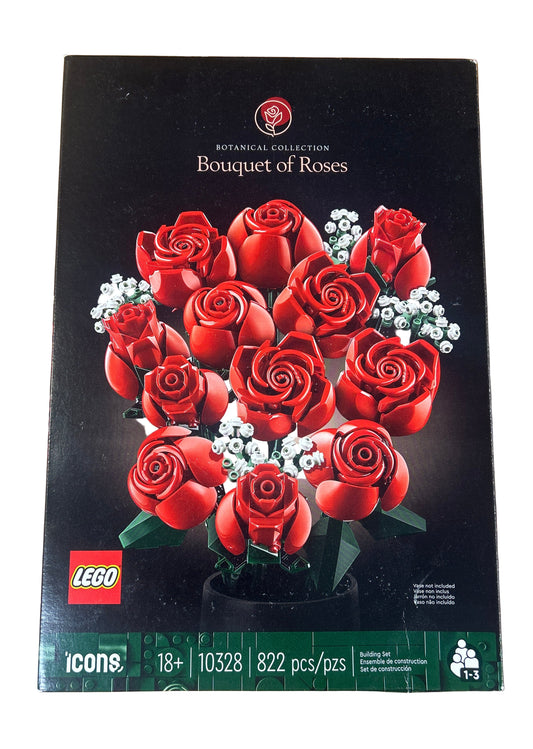 LEGO Icons Bouquet of Roses set packaging on a wooden surface