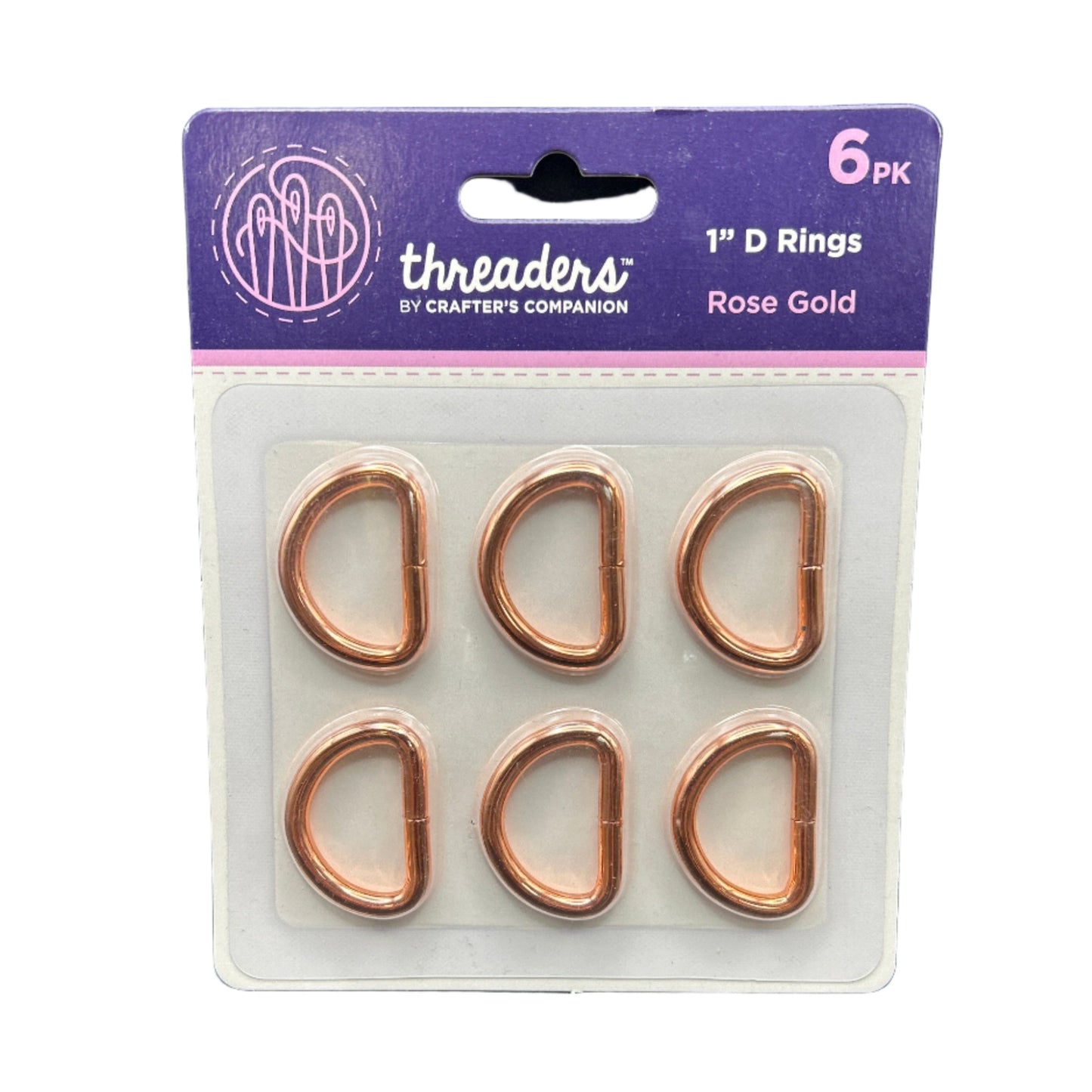 Pack of rose gold D rings by Threaders with purple packaging.