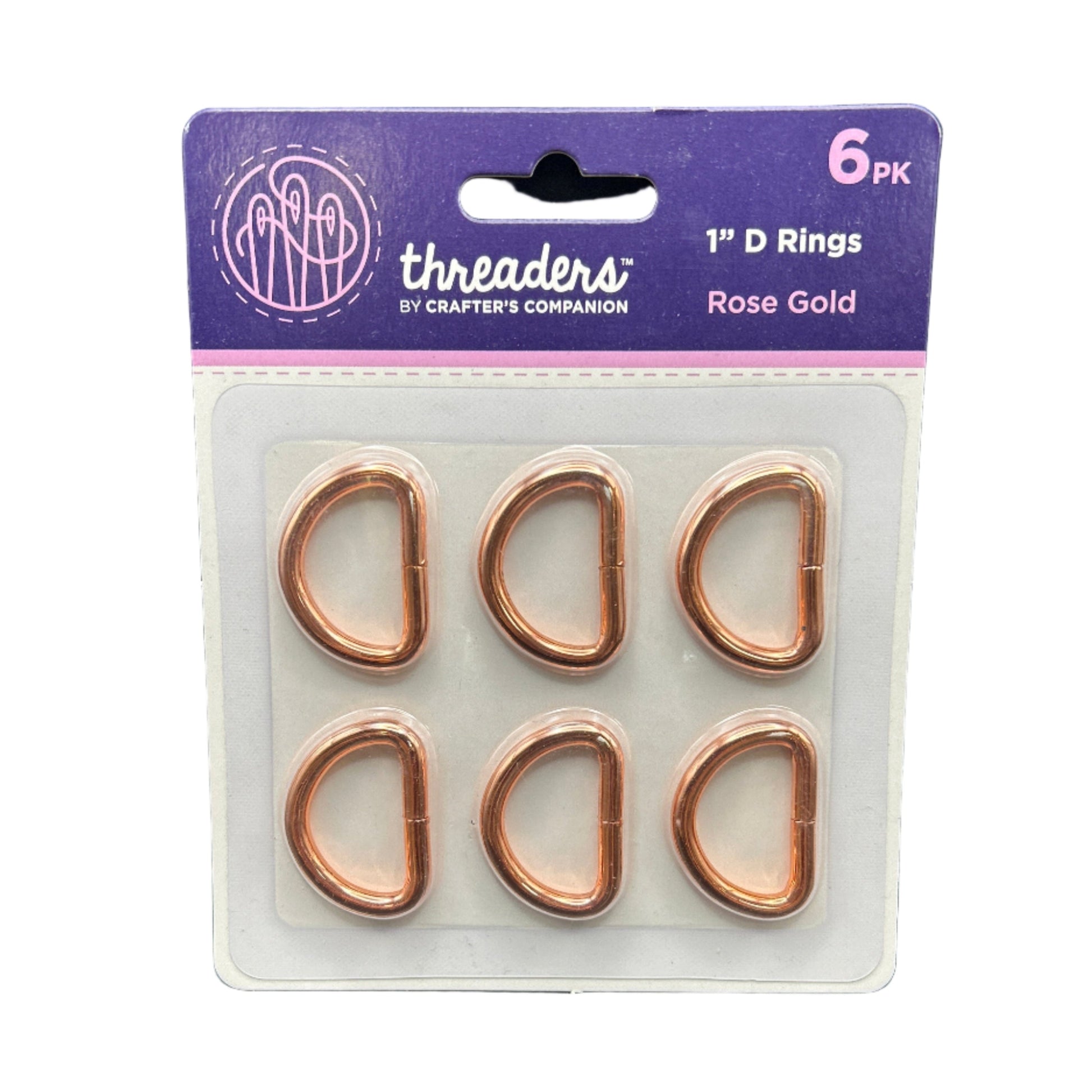 Pack of rose gold D rings by Threaders with purple packaging.